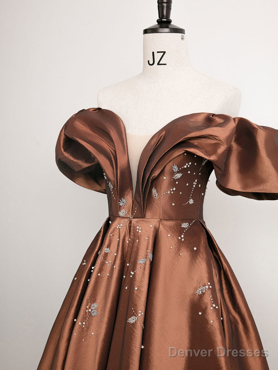 Brown Off Shoulder Taffeta Short Prom Dress, Brown Formal Dress Secondary image