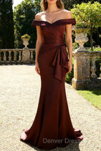 Brown Off The Shoulder Mermaid Satin Formal Dress With Draped Bow