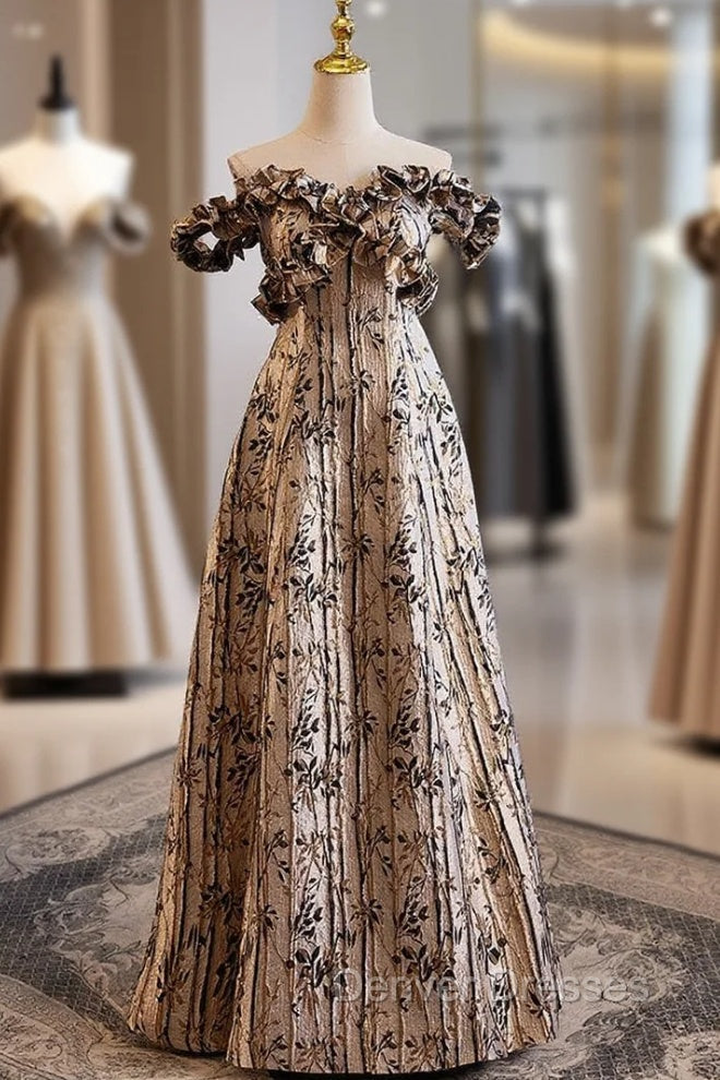 Brown Off the Shoulder Sleeveless Prom Dress Main image