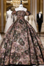 Brown Print Strapless Quinceanera Dress Detachable Sleeve