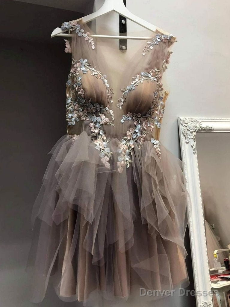 Brown Round Neck Tulle Lace Short Dress, Lace Homecoming Dress Main image