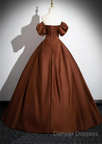 Brown Satin A-Line Short Sleeves Party Dress, Simple Satin Prom Dress Evening Dress