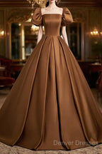 Brown Satin A-Line Short Sleeves Party Dress, Simple Satin Prom Dress Evening Dress