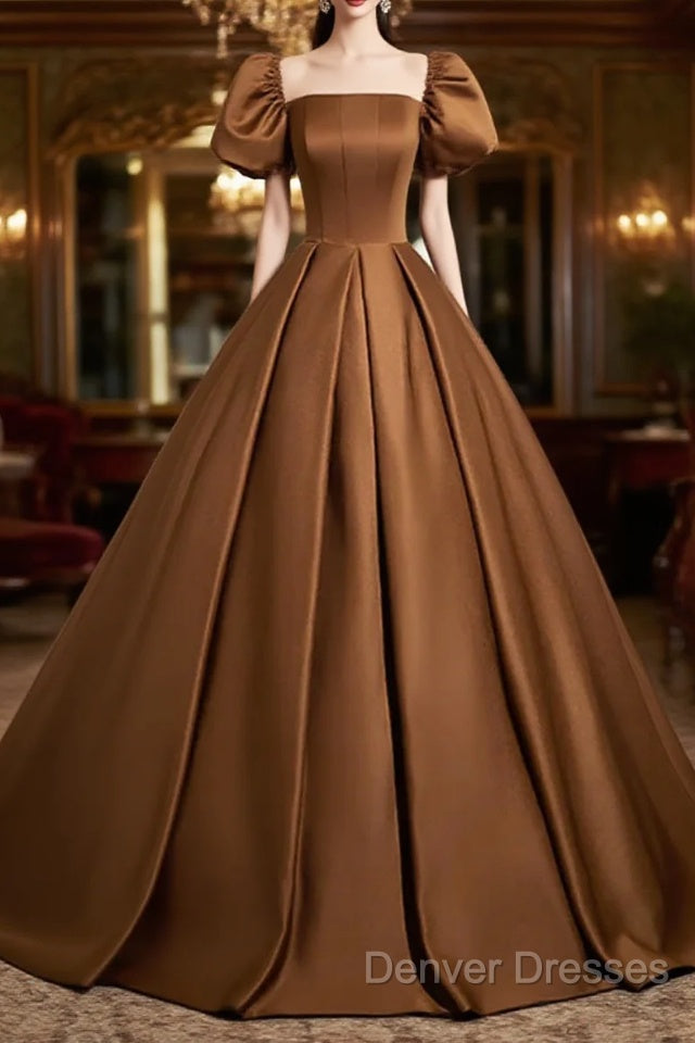 Brown Satin A-Line Short Sleeves Party Dress, Simple Satin Prom Dress Evening Dress