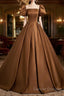 Brown Satin A-Line Short Sleeves Party Dress, Simple Satin Prom Dress Evening Dress