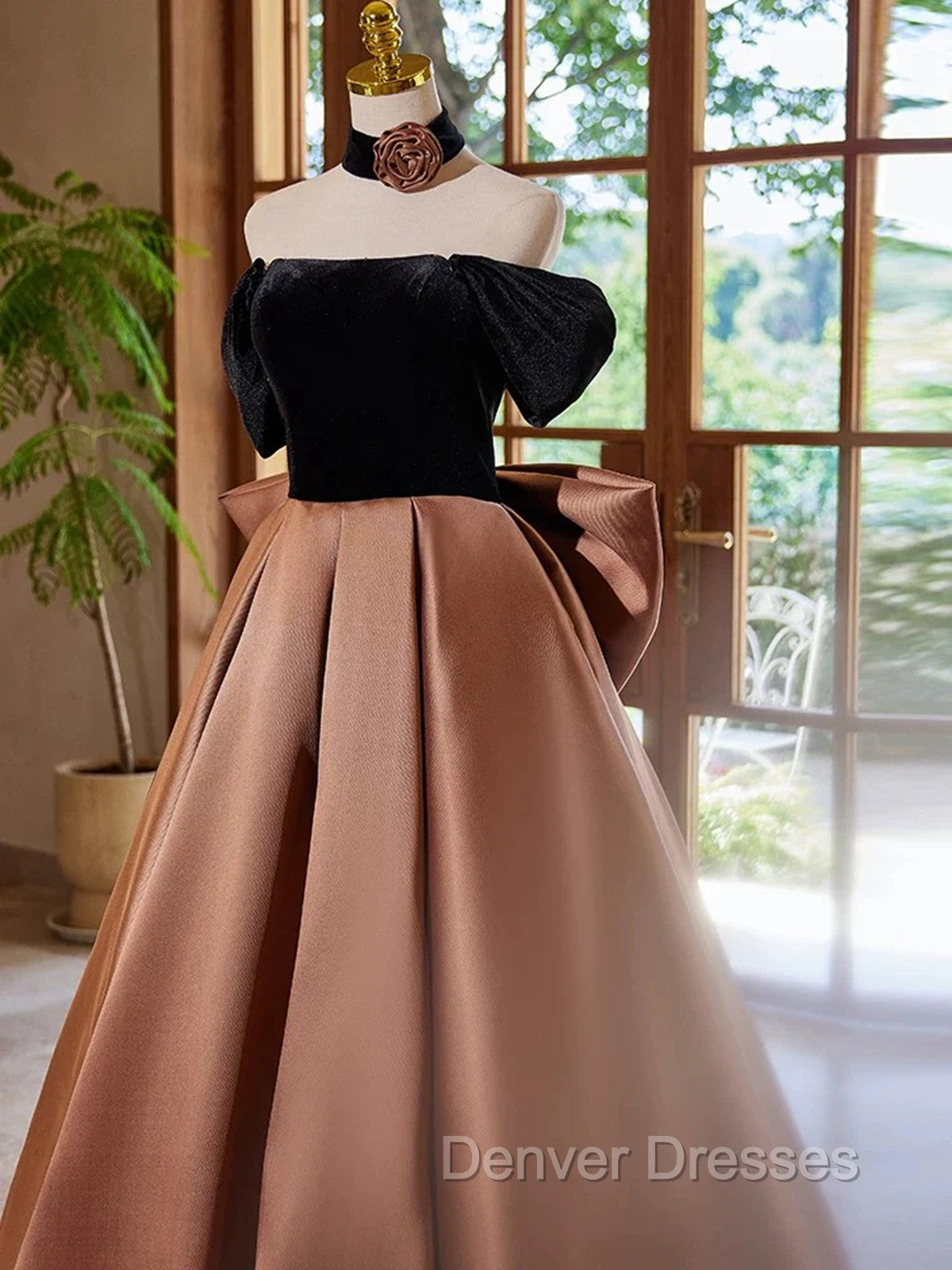 Brown Satin And Black Velvet Prom Dress, Off Shoulder A-Line Party Dress