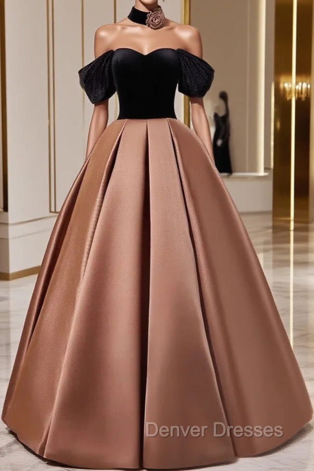 Brown Satin And Black Velvet Prom Dress, Off Shoulder A-Line Party Dress Main image