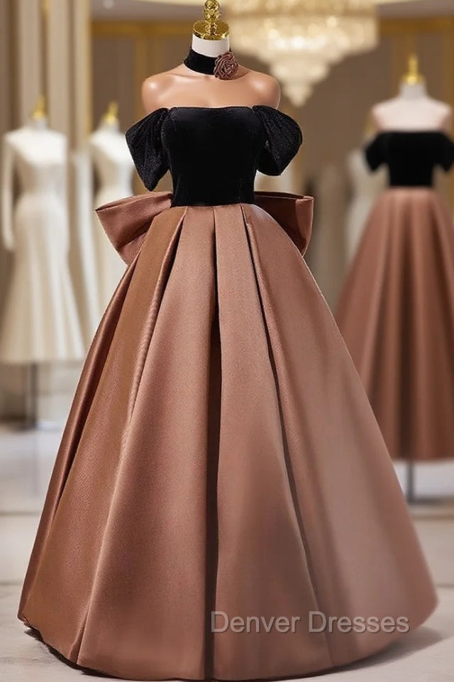 Brown Satin Black Velvet Off the Shoulder Prom Dress Main image