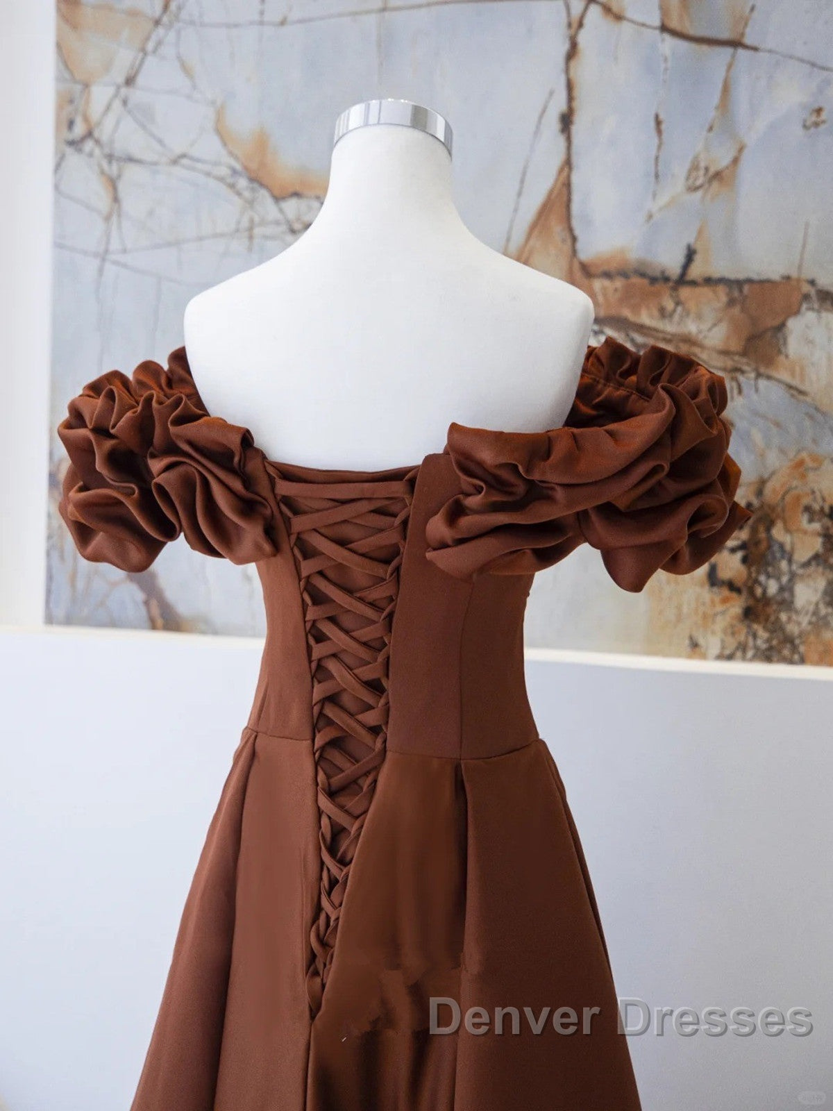 Brown Satin Off Shoulder A-Line Prom Dress, Brown Satin Evening Dress Formal Dress Secondary image