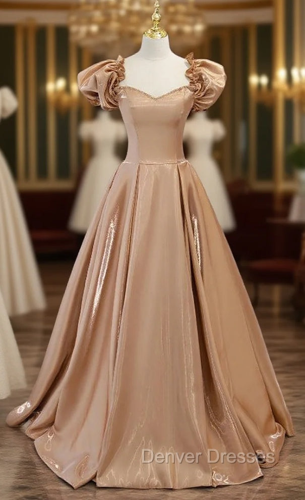 Brown Satin Puff Sleeve Beading Prom Dress Main image