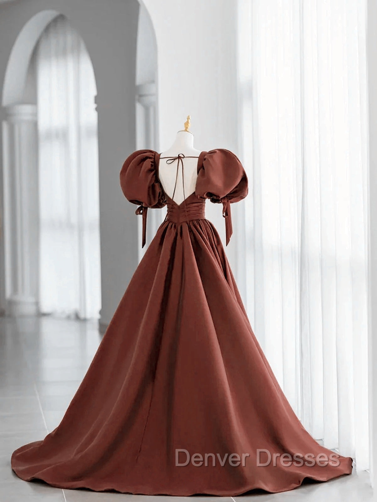 Brown Satin Short Sleeves Long Party Dress, Brown V-neckline Prom Dress Secondary image