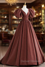 Brown Satin Short Sleeves Long Party Dress, Brown V-neckline Prom Dress