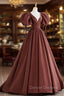 Brown Satin Short Sleeves Long Party Dress, Brown V-neckline Prom Dress