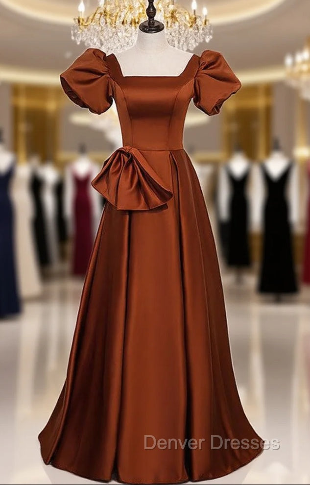 Brown Satin Square Puff Sleeve Bow Prom Dress Main image