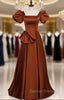 Brown Satin Square Puff Sleeve Bow Prom Dress