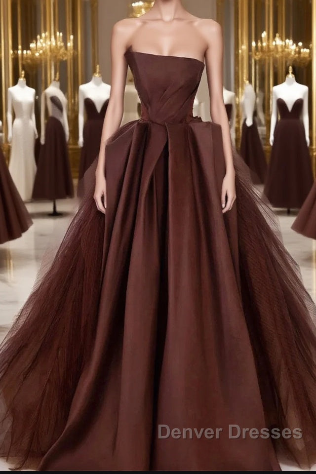 Brown Satin Tulle Long Prom Gown, Brown Long Evening Dress Main image