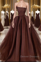 Brown Satin Tulle Long Prom Gown, Brown Long Evening Dress
