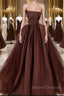 Brown Satin Tulle Long Prom Gown, Brown Long Evening Dress