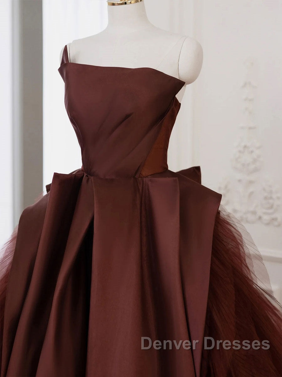Brown Satin Tulle Long Prom Gown, Brown Long Evening Dress Secondary image