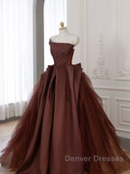 Brown Satin Tulle Long Prom Gown, Brown Long Evening Dress