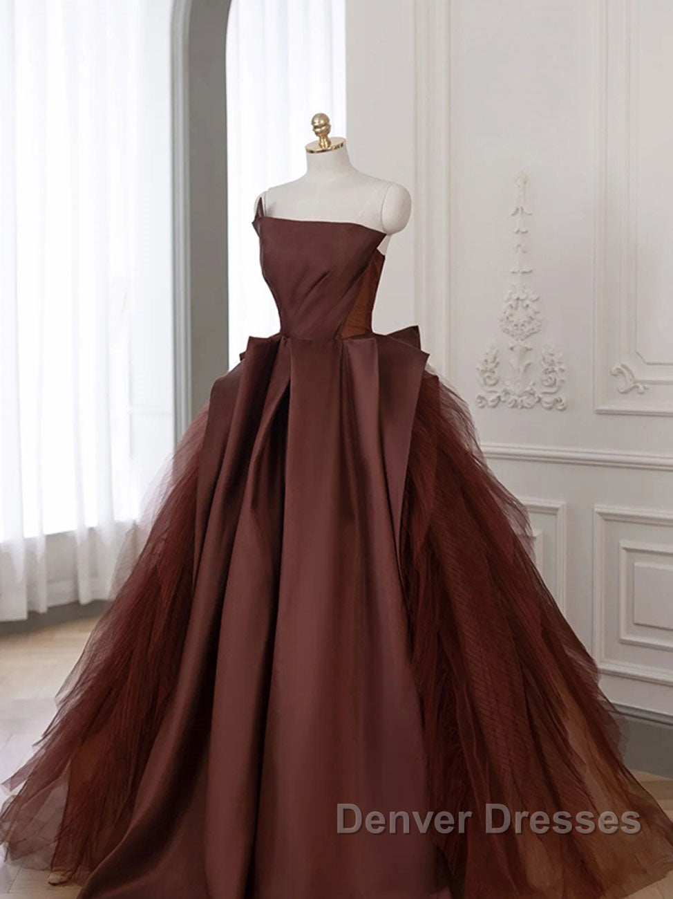 Brown Satin Tulle Long Prom Gown, Brown Long Evening Dress