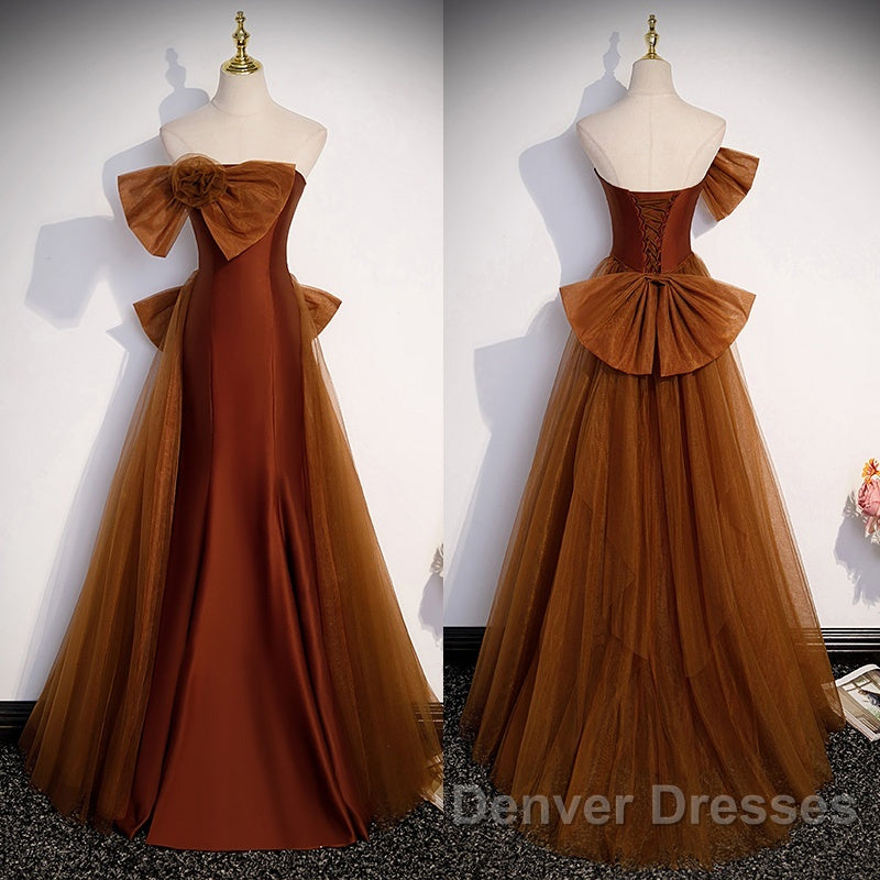 Brown Tulle And Satin Mermaid Long Party Dress, Long Formal Dress Prom Dress Secondary image