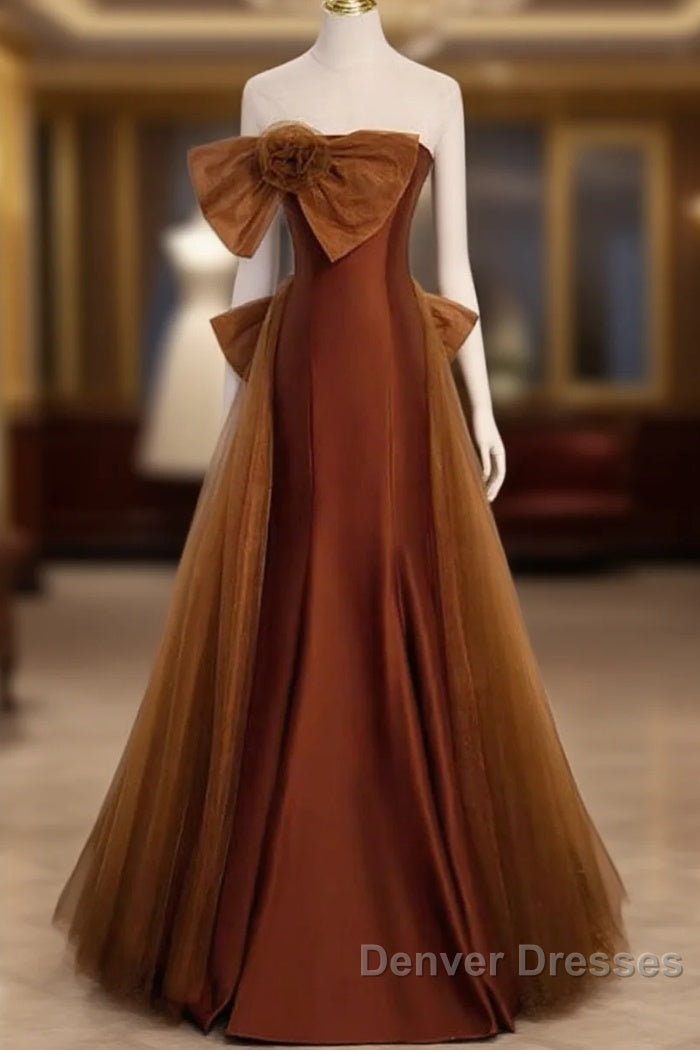 Brown Tulle And Satin Mermaid Long Party Dress, Long Formal Dress Prom Dress Main image