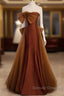 Brown Tulle And Satin Mermaid Long Party Dress, Long Formal Dress Prom Dress