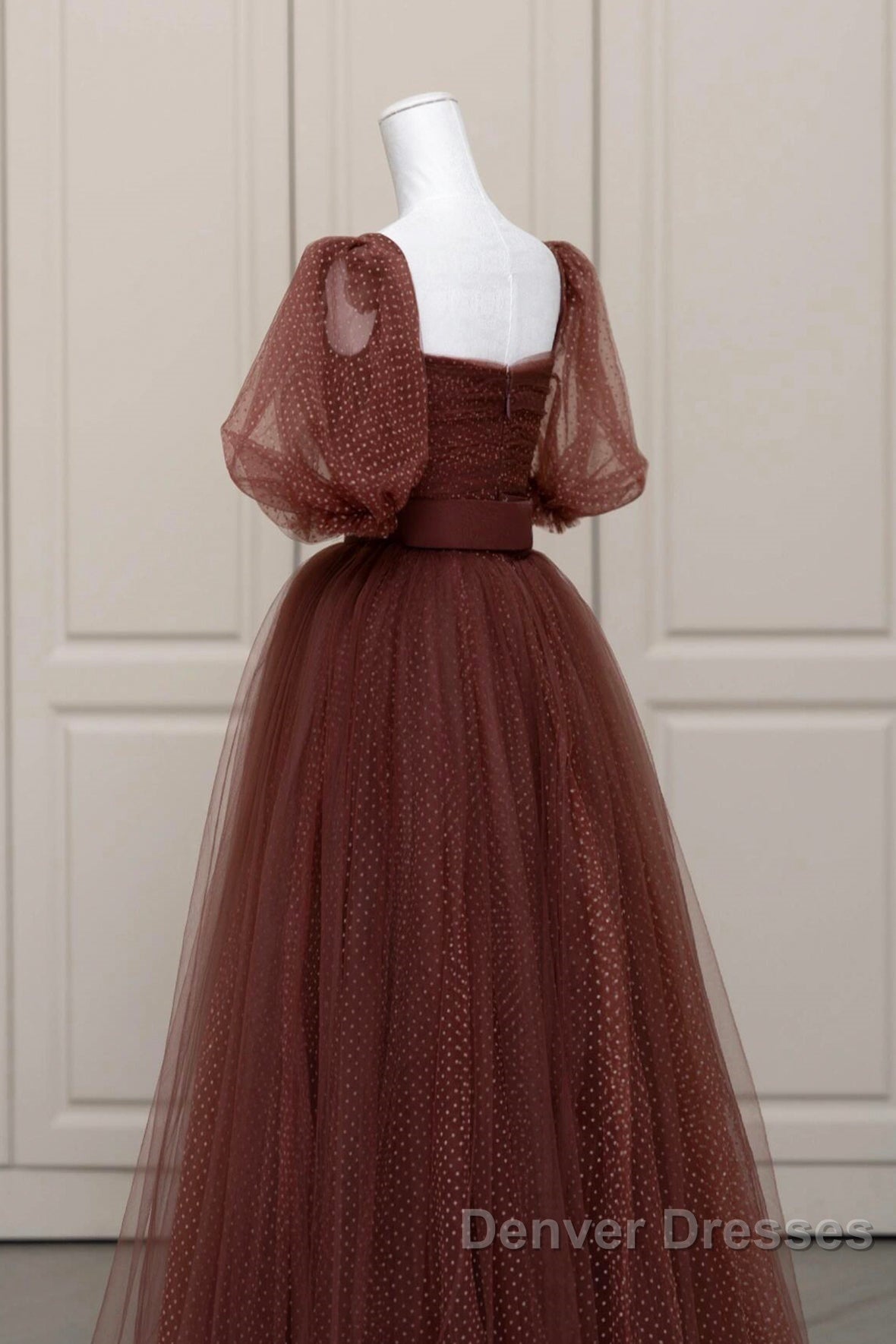 Brown Tulle Floor Length Prom Dress, A-Line Short Sleeve Evening Party Dress Secondary image
