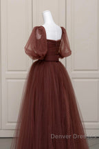 Brown Tulle Floor Length Prom Dress, A-Line Short Sleeve Evening Party Dress