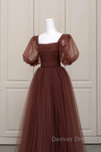 Brown Tulle Floor Length Prom Dress, A-Line Short Sleeve Evening Party Dress
