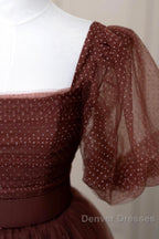 Brown Tulle Floor Length Prom Dress, A-Line Short Sleeve Evening Party Dress