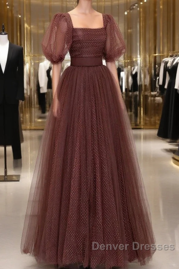 Brown Tulle Floor Length Prom Dress, A-Line Short Sleeve Evening Party Dress Main image