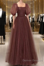 Brown Tulle Floor Length Prom Dress, A-Line Short Sleeve Evening Party Dress