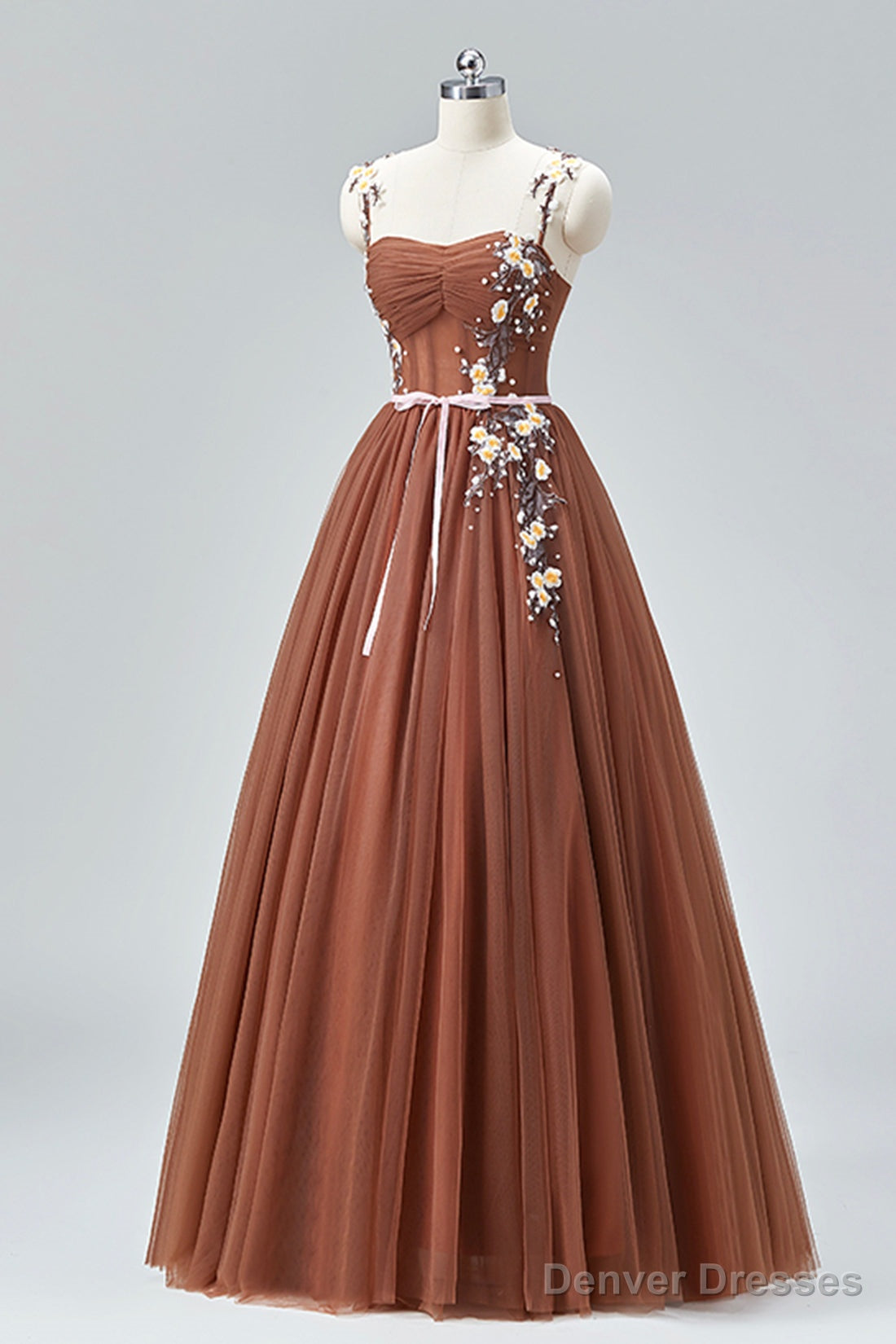 Brown Tulle Lace Long Prom Dress, Beautiful A-Line Spaghetti Strap Evening Party Dress Secondary image