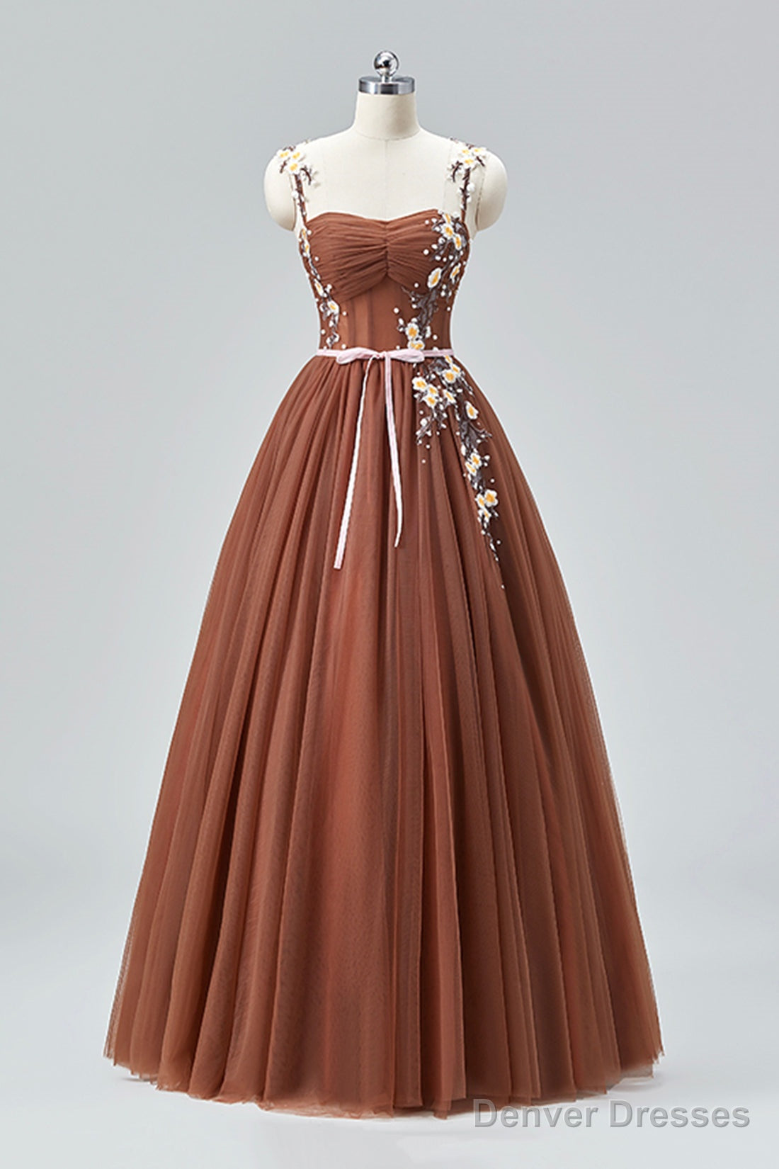 Brown Tulle Lace Long Prom Dress, Beautiful A-Line Spaghetti Strap Evening Party Dress Main image