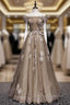 Brown Tulle Off the Shoulder Long Prom Dress