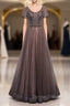 Brown Tulle V-neck Short Sleeve Beading Sequins Prom Dress