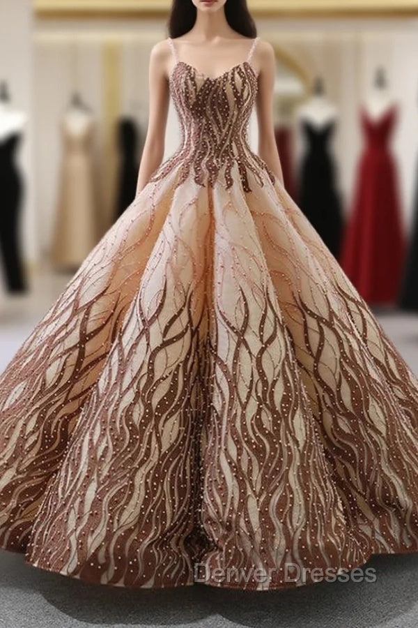 Brown Vintage Ball Gown Spaghetti Straps Wedding Dress With Pearls Main image