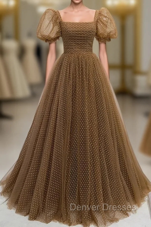 Brown Wave Point Tulle Puff Sleeve Prom Dress