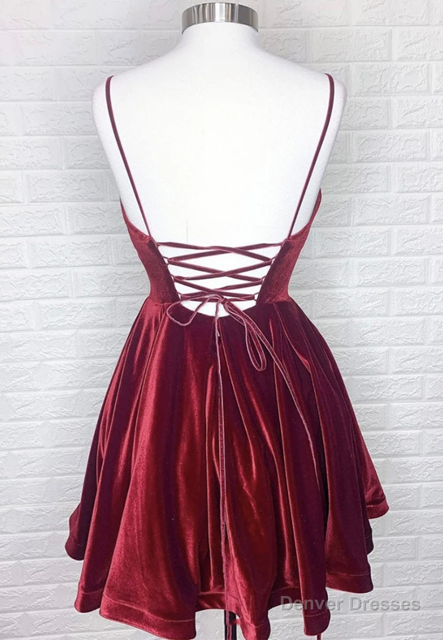 Burgundy V-Neck Velvet Short Prom Dresses, A-Line Party Dresses Secondary image