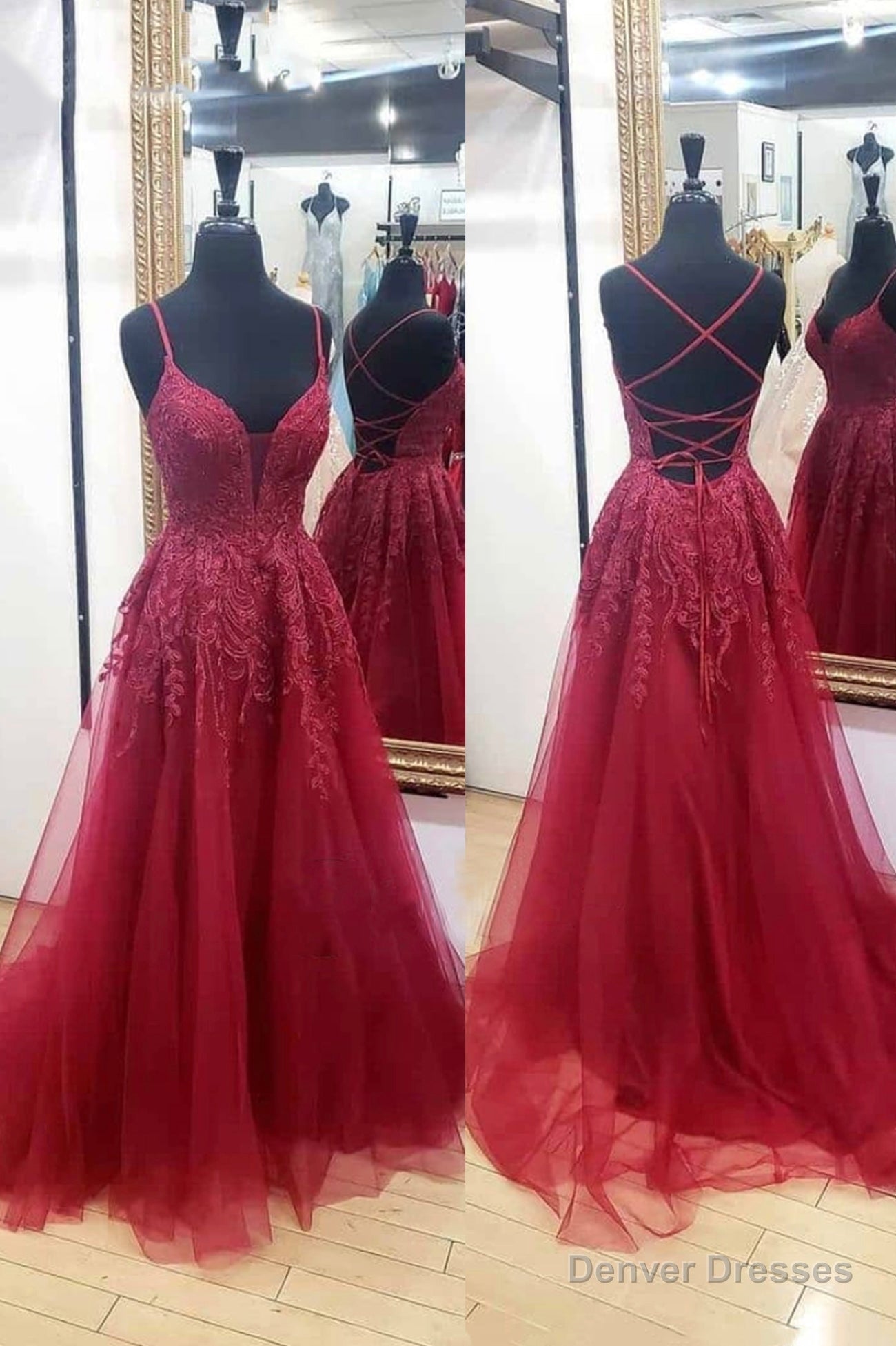 Burgundy Lace Long Prom Dresses, A-Line Backless Evening Dresses Main image