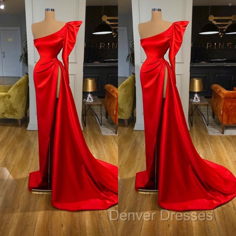 Bubble Sleeve One-shoulder Red High-split Long Evening Dress Secondary image