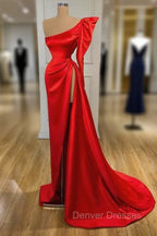 Bubble Sleeve One-shoulder Red High-split Long Evening Dress