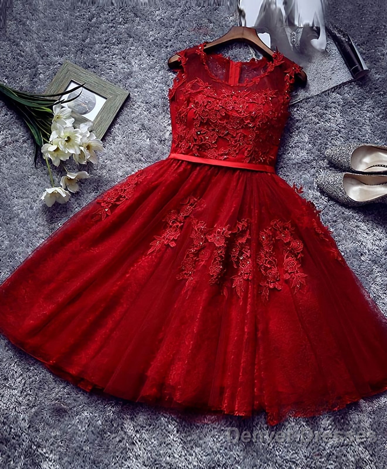 Burgundy Lace Tulle Short Prom Dress, Lace Evening Dress Main image