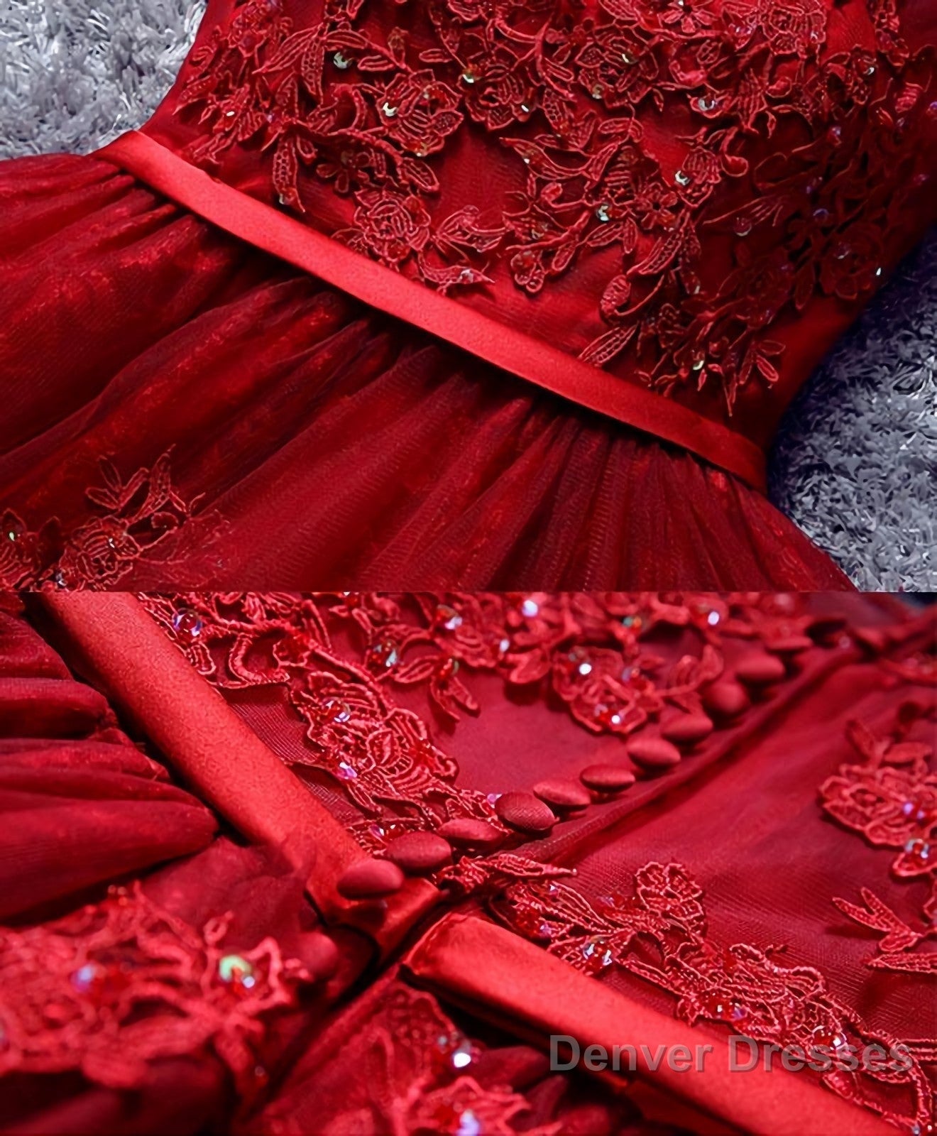 Burgundy Lace Tulle Short Prom Dress, Lace Evening Dress