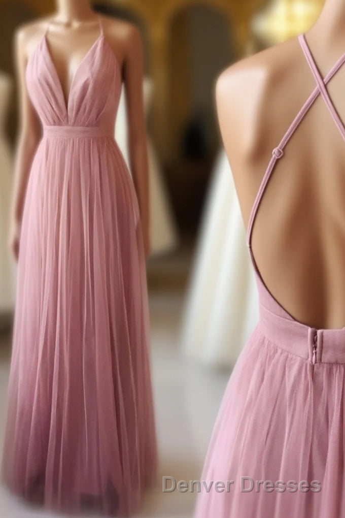Simple Tulle Long Prom Dress, A Line Backless Evening Dress