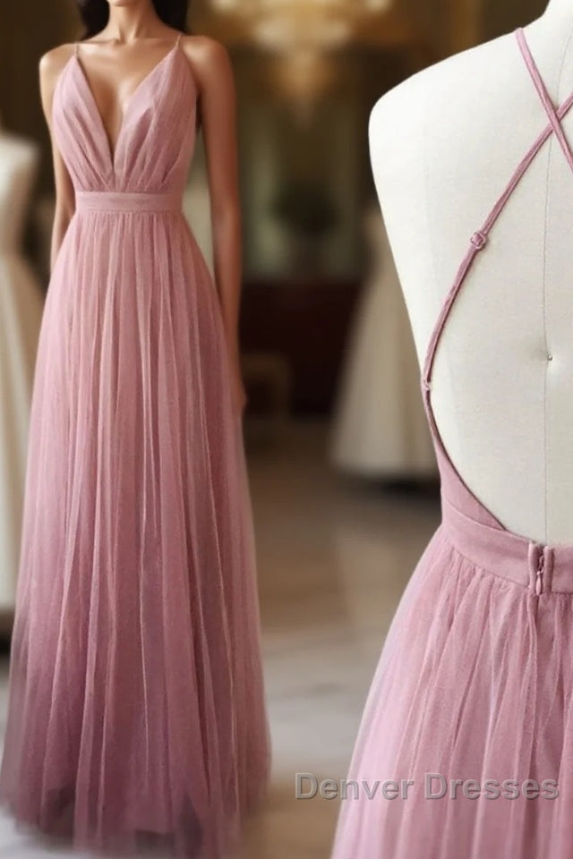 Simple Tulle Long Prom Dress, A Line Backless Evening Dress