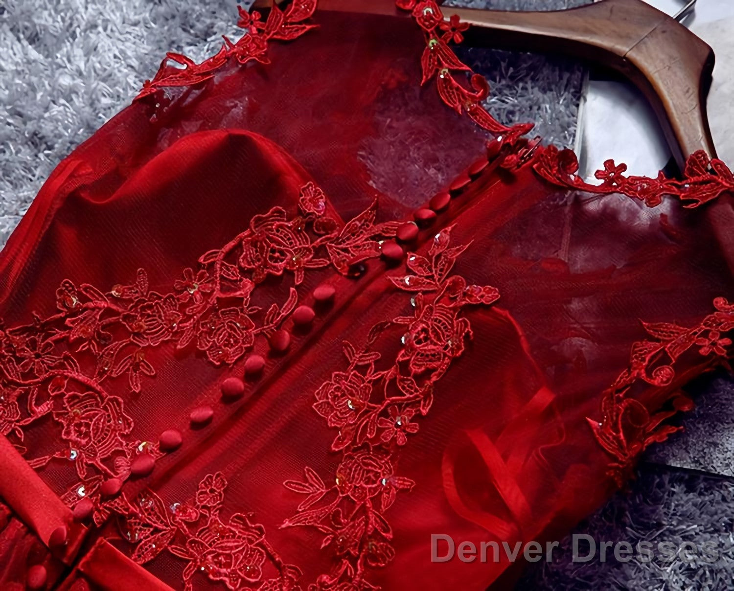 Burgundy Lace Tulle Short Prom Dress, Lace Evening Dress