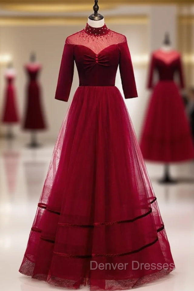 Burgund Tulle Velvet Half Sleeve Beading Prom Dress